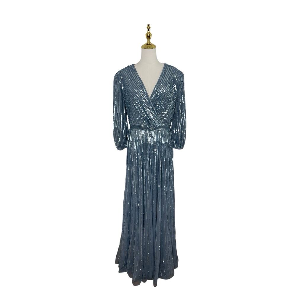 Mac Duggal 5509 Slate Blue Sequins 3/4 Sleeve Gown Size 10 $598 - Picture 4 of 8